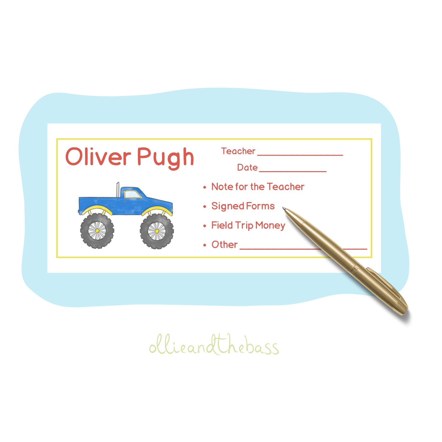 Blue Monster Truck- School Envelopes